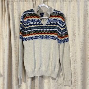Chaps Men's Medium Long Sleeve Snowflake Button‎ Mock Neck Sweater White Cotton